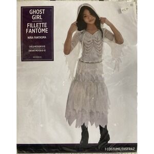 Ghost Girl Skeleton Halloween Costume Dress With Hood Size Child Medium 8-10 New
